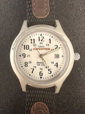 Timex Expedition Watch Women Silver Tone White Dial Nylon Leather Band Works